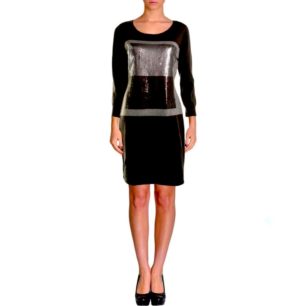Calvin Klein Sequins Colour Block Charcoal Gray Sweater Midi Dress Size S
